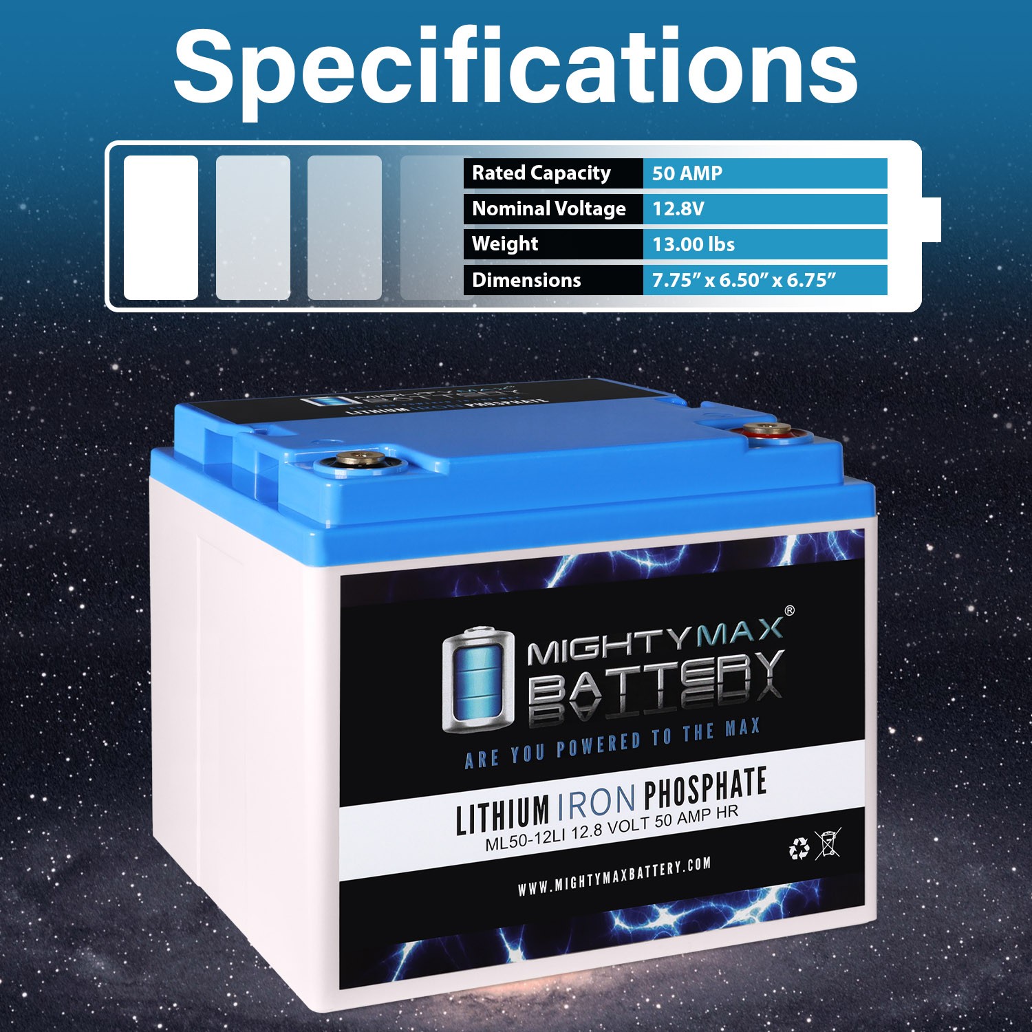 Mighty Max 12V, 50Ah, Lithium, Battery Compatible with Amstron ES40-12 - 2 Pack