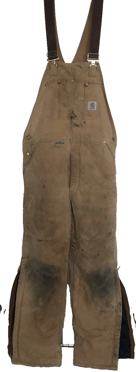 Carhartt Overalls Men’s 36X34 Duck Insulated Faded Distressed Bib Double Knee