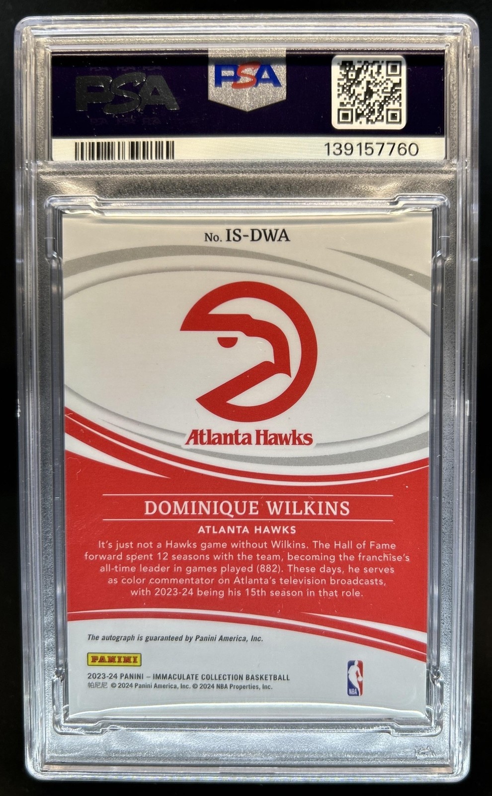2023-24 Panini Immaculate Dominique Wilkins Signatures Auto #/99 Hawks PSA 9 7 view 2