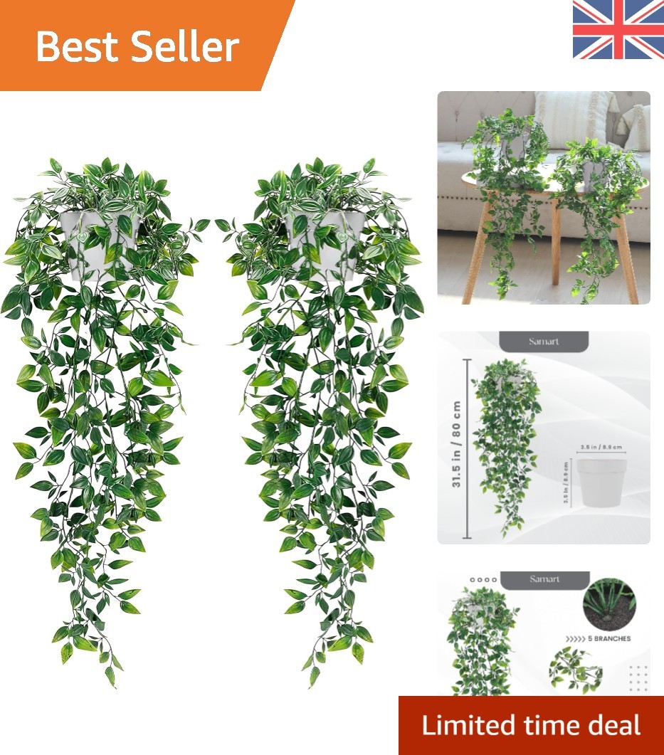 Artificial Hanging Plants Pack of 2 with White Pots Fake Plant Datura Vines L...