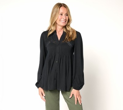 LOGO by Lori Goldstein Lavish Knit Button Front Blouse Black 4X New