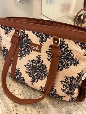 Zouk Damask Pattern Shoulder Bag Beige Brown Black for Women with Zip Closure