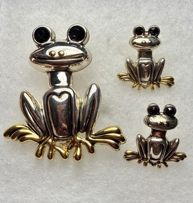 Vintage SIGNED BEST Frog Brooch Pendant & Post Earrings Set Silver Gold Tone
