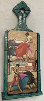  Mid Century Coaster Set Spanish Bull Fight Matador In Wooden Hanging Retro Bar