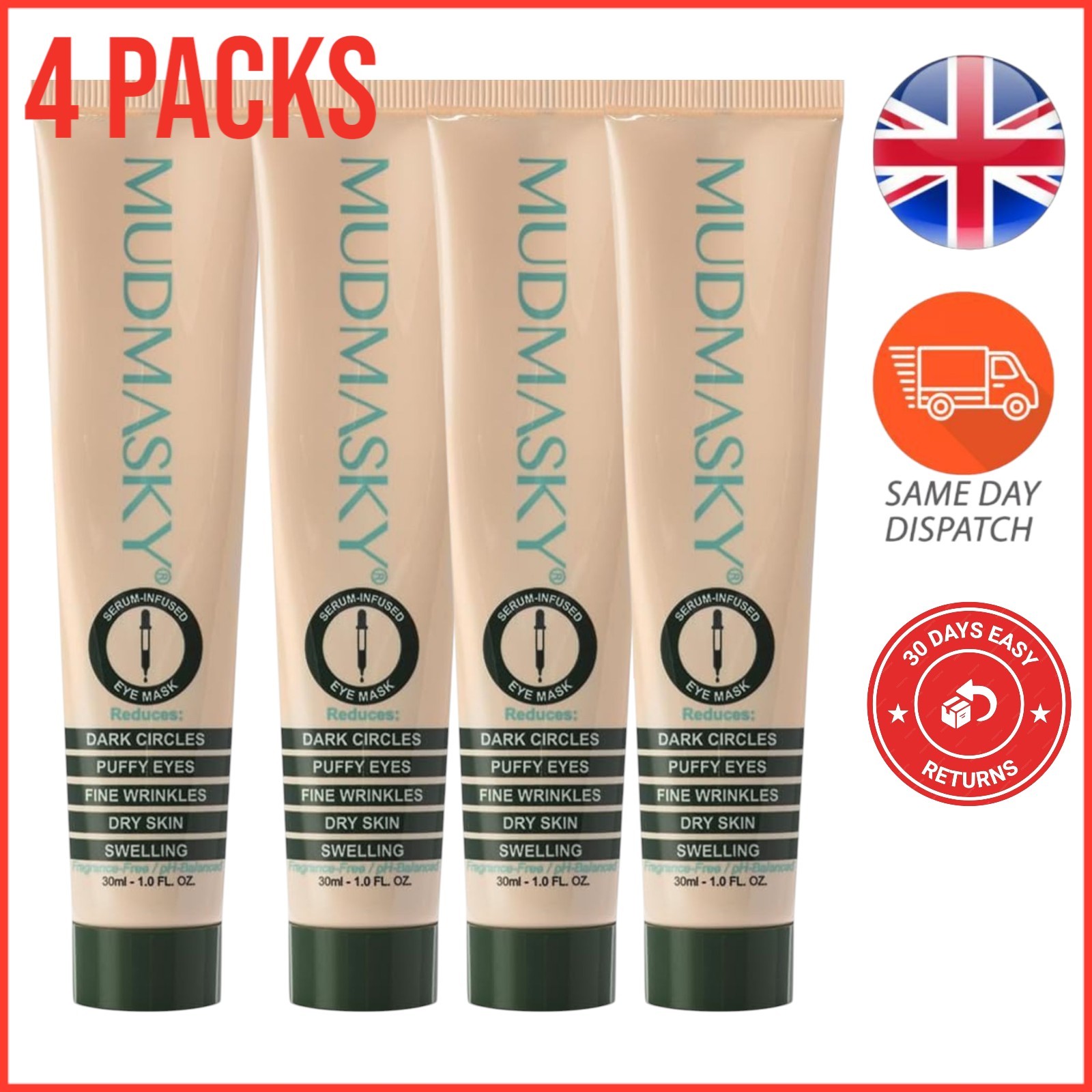 4x MUDMASKY Serum Infused Eye Mask Hyaluronic Acid 30mL For Under Eye Dark Spot