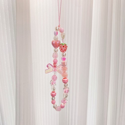 Strawberry Heart Bowknot Phone Pendant Beaded Charm Decoration Wristband Strap - Photo 4/8