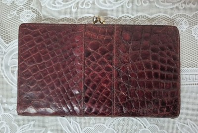 Vtg Italy GENUINE CROCODILE Skin Wallet Red Kisslock Floating