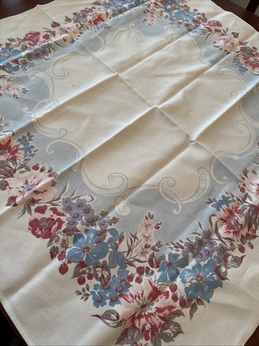 Vintage Cotton Tablecloth Blue Border Pink Blue Gray Floral Print 37”x38” Spots - Picture 3 of 10