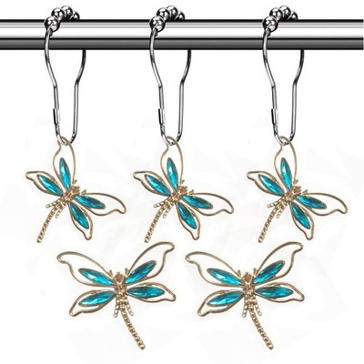 Crystal Dragonfly Shower Curtain Hooks - Brushed Nickel Rings with Rhinestone