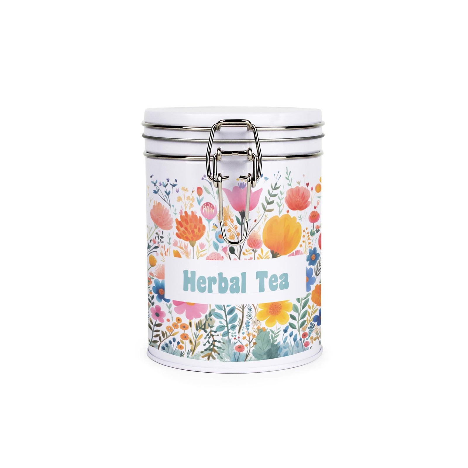 Bright Floral Herbal Tea Canister - Metal Clip Lid Kitchen Storage Tin Gift
