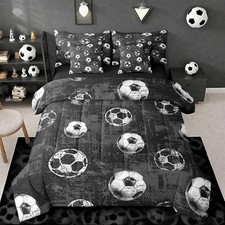 Boys 3D Soccer Comforter Set with Sheets Size 7 Pieces Queen Black White Grey