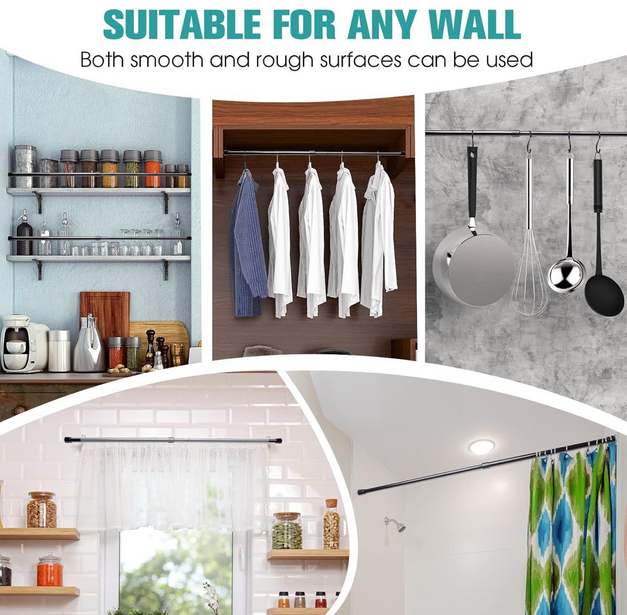 Adjustable Tension Rods Curtains Closets Coat Hanger Shoe Rack No Drill 2Pcs New