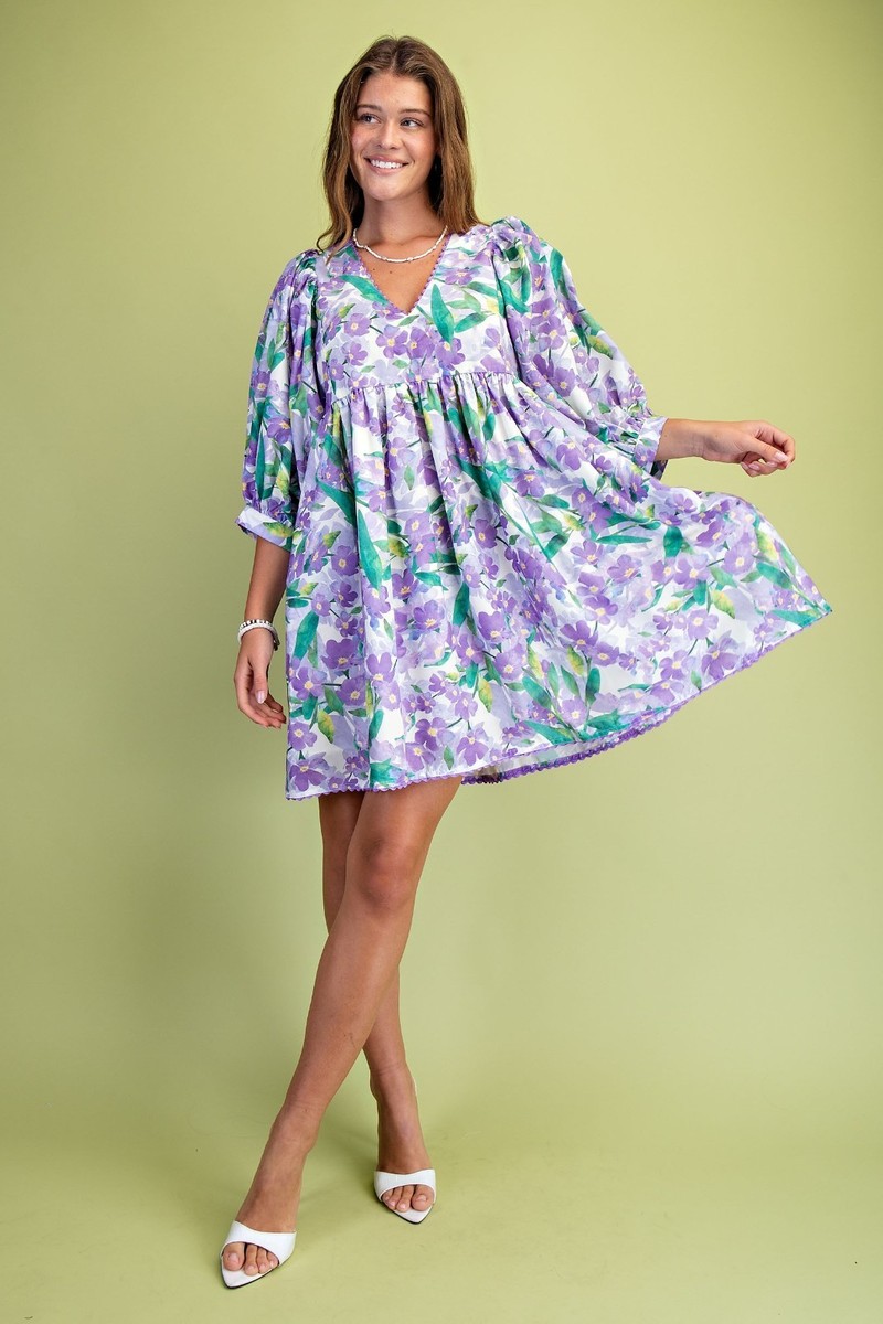 Gigio by Umgee Purple Multi Vibrant Floral Mini Dress Puff Sleeve Ric-Rac  Trim | eBay