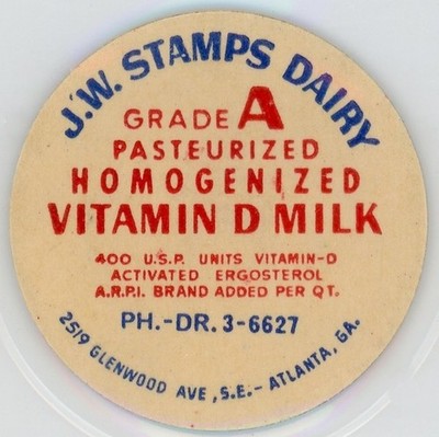 Milk Cap Insert - J.W. Stamps - 2519 Glenwood - Atlanta, GA (Georgia) -VITAMIN D