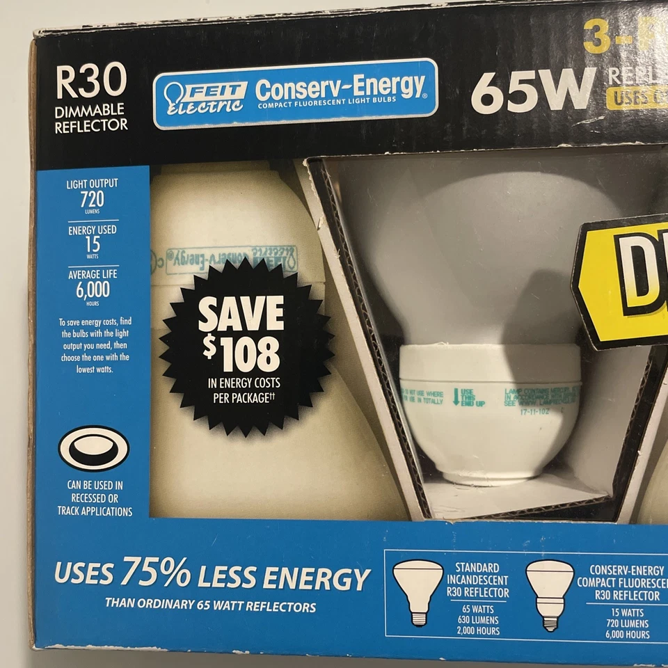 Feit Electric 65W Energy Saving Compact Fluorescent Light Bulbs Dimmable 3 Pack - Image 2 of 4
