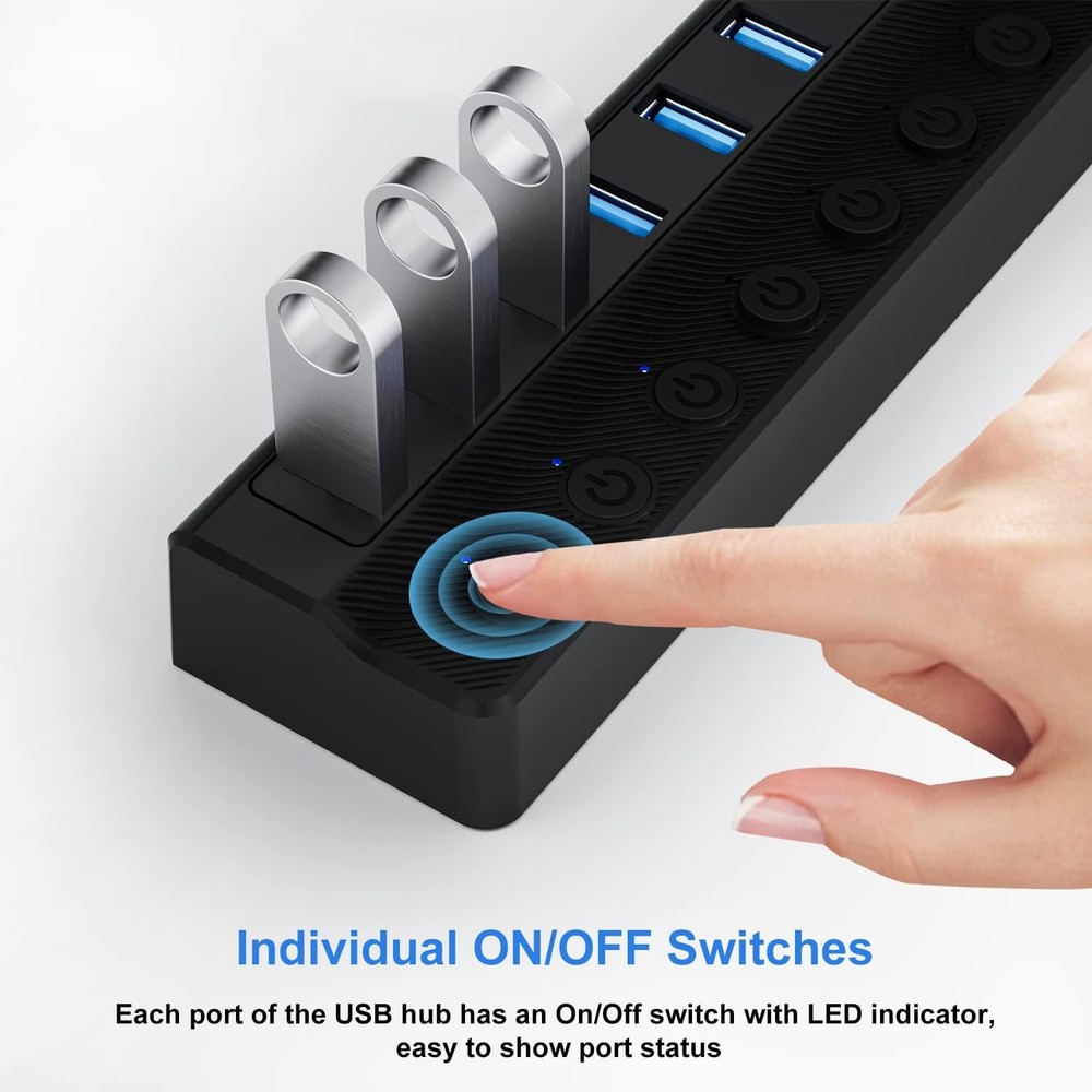 Powered USB Hub 3.0, 10-Port USB Splitter Hub with Individual On/Off Switches an