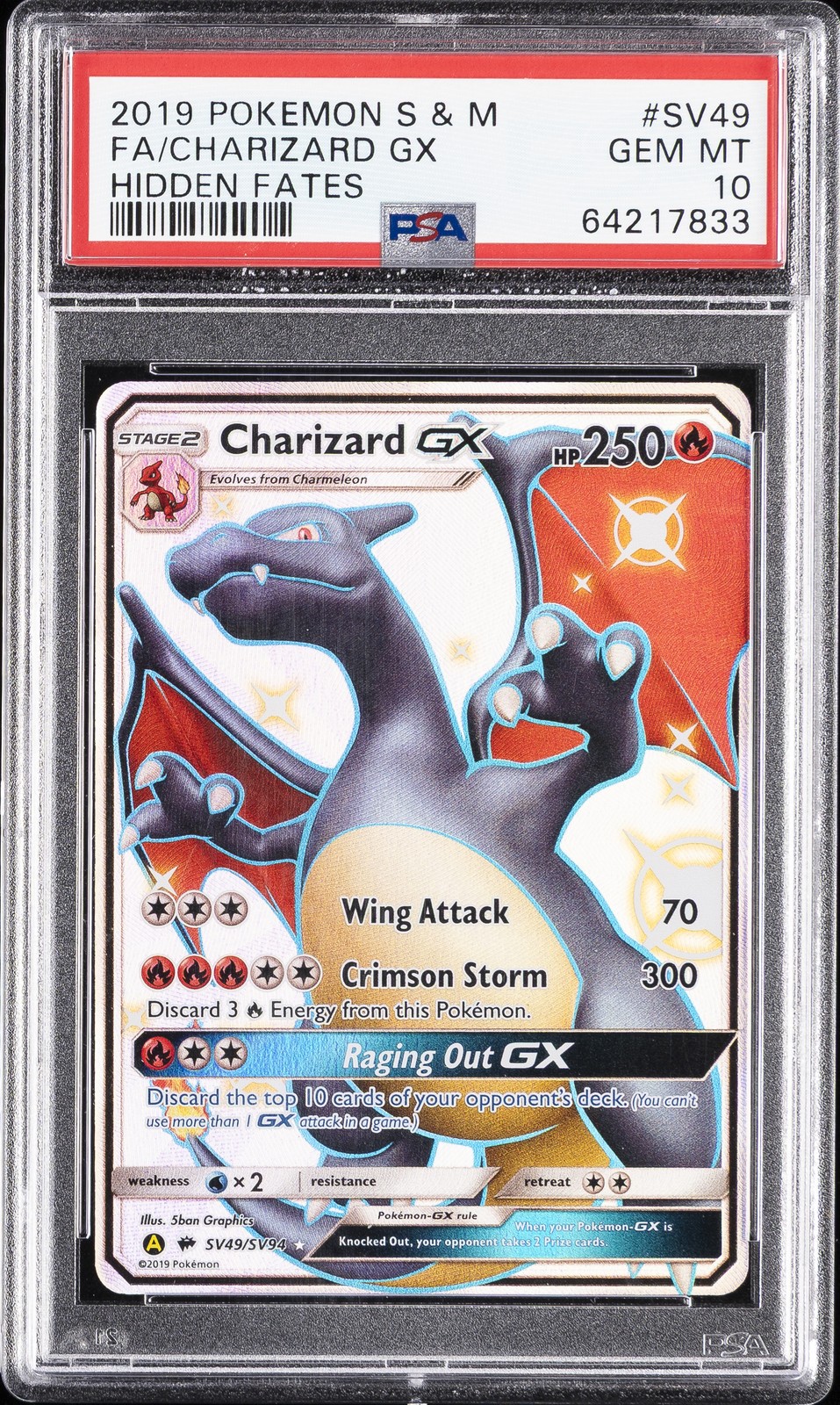 2019 POKEMON SUN & MOON HIDDEN FATES #SV49 FULL ART/CHARIZARD GX PSA 10