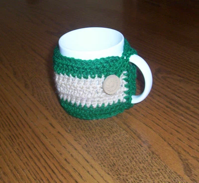 Hand Crochet Tan and Green Coffee Mug Cozy - Image 1 of 3