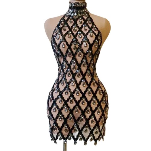Hochgeschlossene Abendkleider durchsichtig sexy Strasskleid glänzende Kleider Damen - Bild 7 von 14