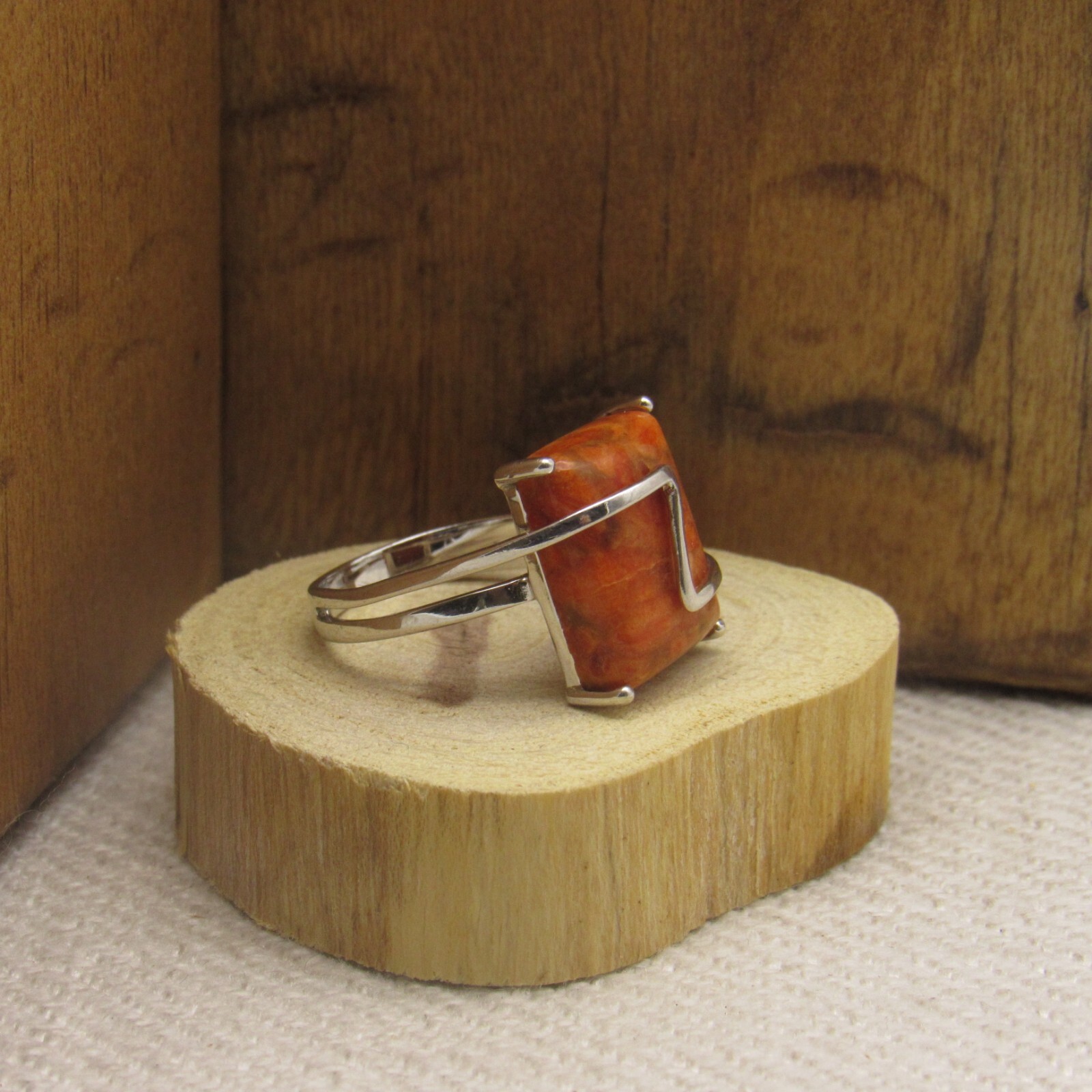 Rectangular Apple Coral Sterling Silver Designer … - image 3