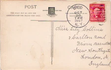 New York Ovid 1907 duplex  2c Washington Shield PPC to London.