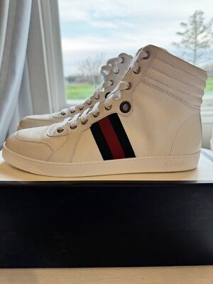 GUCCI ハイカットスニーカー ホワイト/ベージュ Gucci White Leather High Top Sneakers, Green And Red Webb