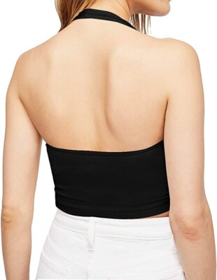 CLOZOZ Women's Halter Crop Top - V Neck Backless Going Out Top, Summer Trendy Cropped Tank, Large Black - View #12