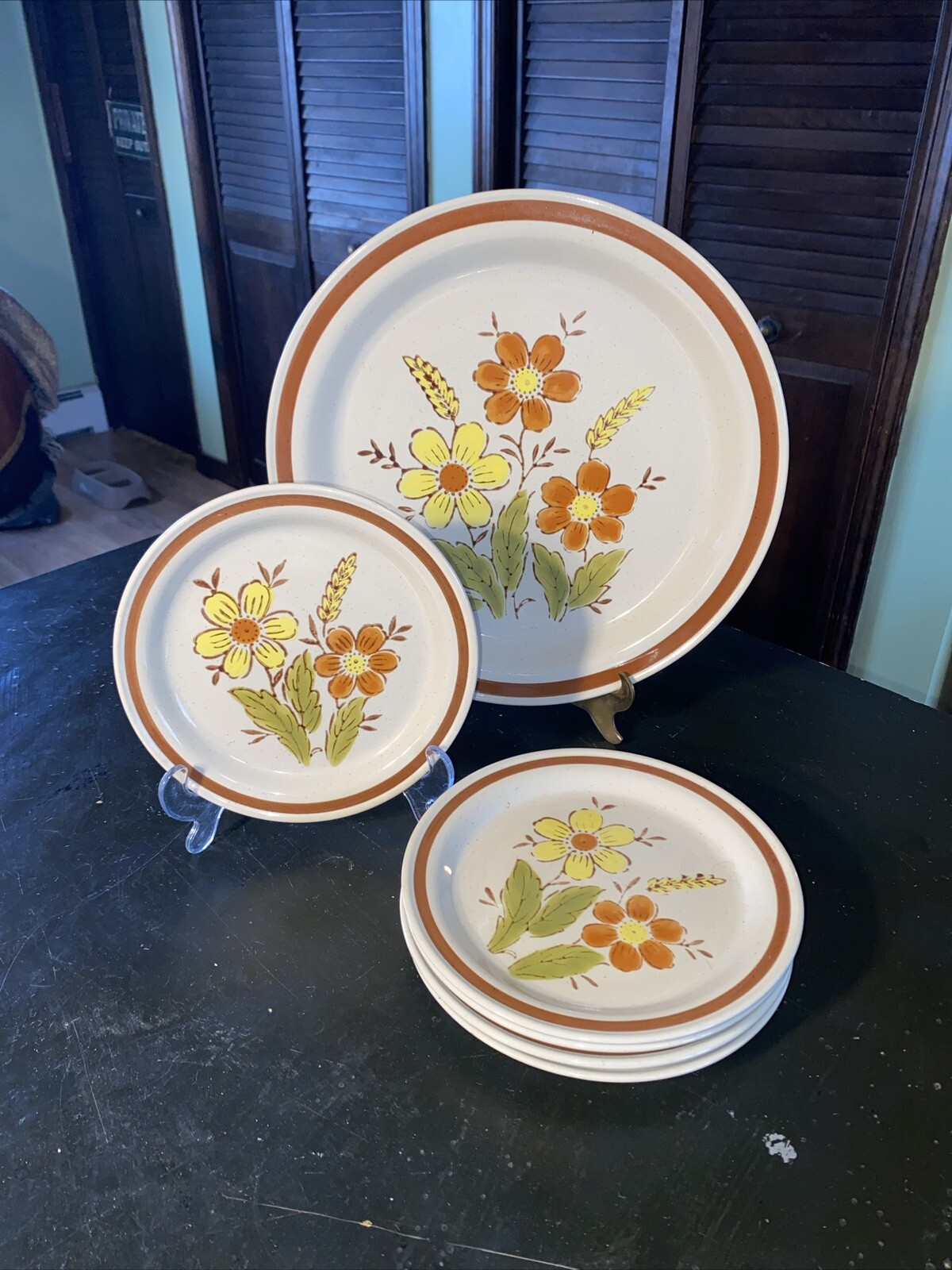 Autumn Collection Stoneware Platter & 5 Salad Plates Wheat Flower Japan VTG