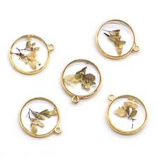 4PCS Gold Tone Real Dry Pressed Flower Resin Round Charm Pendant Supply GBY103