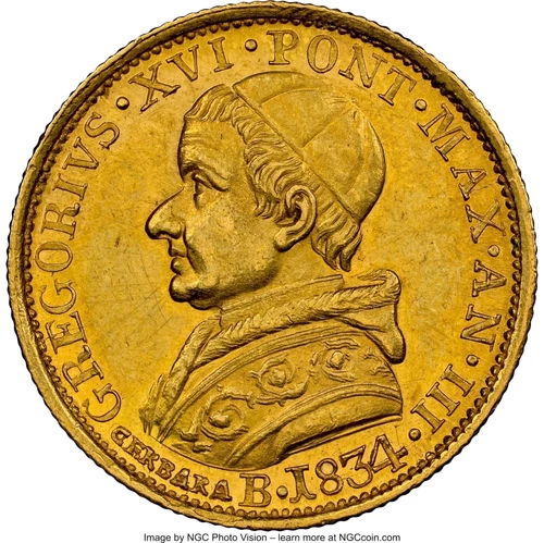 ITALY PAPAL SATES 1834-B DOPPIA GOLD COIN, NGC CERTIFIED "UNCIRCULATED DETAILS"