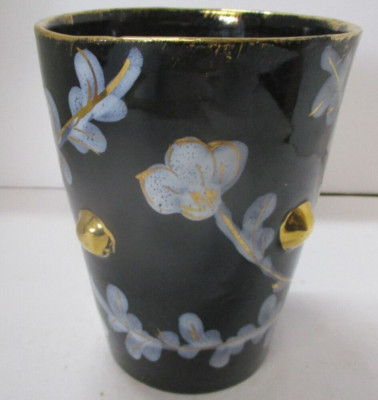 Hand Painted Itly Gold Trim Floral Design Black Vase