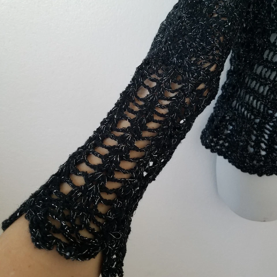 Cárdigan Debbie Morgan Mujer M Frente Abierto Tejido Abierto Crochet Metálico Negro Foto 4 de 4