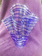 Mid Century Murano Style Cobalt Blue White Swirl Ruffle Glass Vase 11"