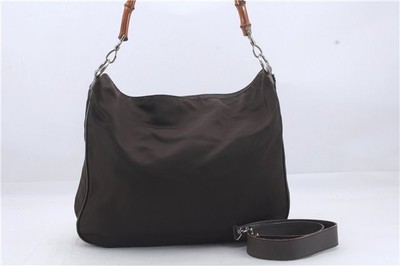 Authentic GUCCI Bamboo 2Way Shoulder Cross Body Bag Nylon Leather Brown 4366D
