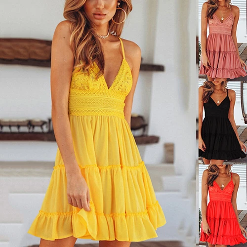 Women Boho V-Neck Lace Mini Dress Ladies Casual Holiday Summer Beach Sundress - Bild 2 von 21