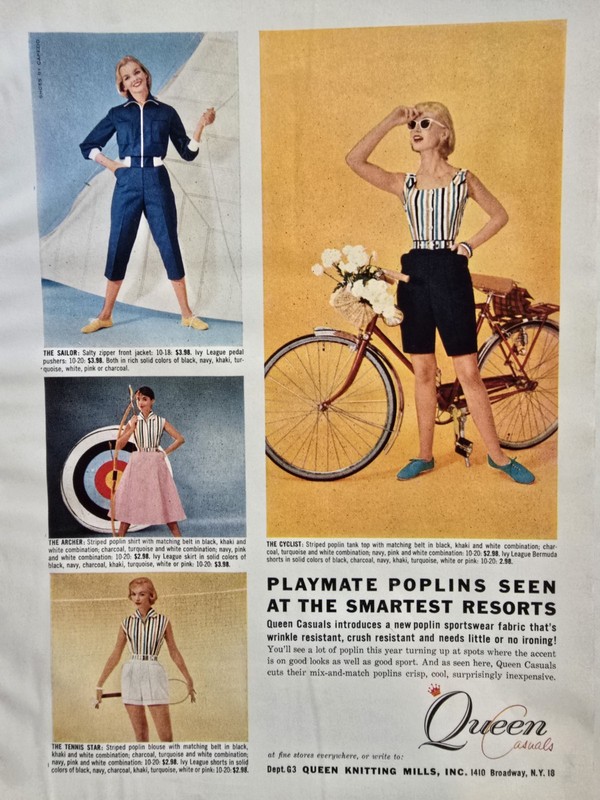 1956 Women's Queen Casuals Playmate Poplin Clothing Vintage Bicycle Ad 