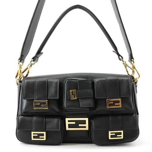 Fendi Multi-Pocket Baguette Leather Bag Black 8BR808 Shoulder Bag #TZB699