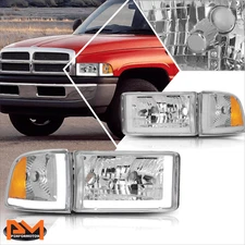 For 94-02 Dodge Ram Dual L-Bar LED DRL Headlight/Lamp Chrome Housing Amber Side