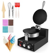 Popfoodex Commercial Waffle Cone Maker - 1200W Single Round, Black