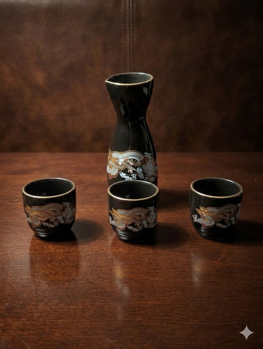 Vintage HEISEI Sake Pitcher & 3 Cups set Japanese Dragon Black w