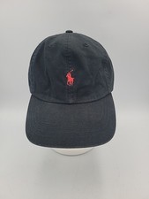 Polo By Ralph Lauren Hat Black With Red Logos 6 Panel Cap Leather Strapback OS