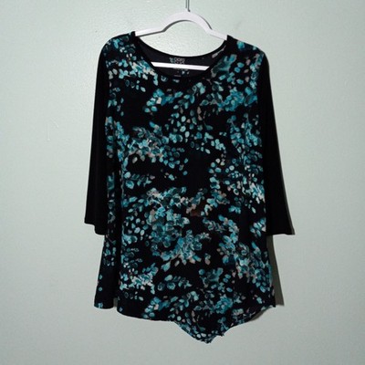 Clara Sun Woo Top Blouse size Large Mixed Knit Woven Black Blue Asymmetrical Hem