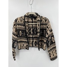 Aztec Tapestry Jacket XL Black Tan Geometric Cropped Open Front Needs Repair