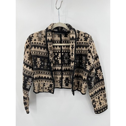 Aztec Tapestry Jacket XL Black Tan Geometric Cropped Open Front Needs Repair