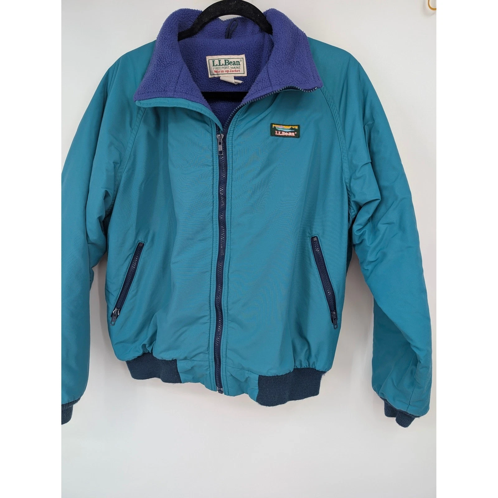 Vintage LL Bean Warm-up Jacket Teal Purple Fleece Lined Bomber Mens XL