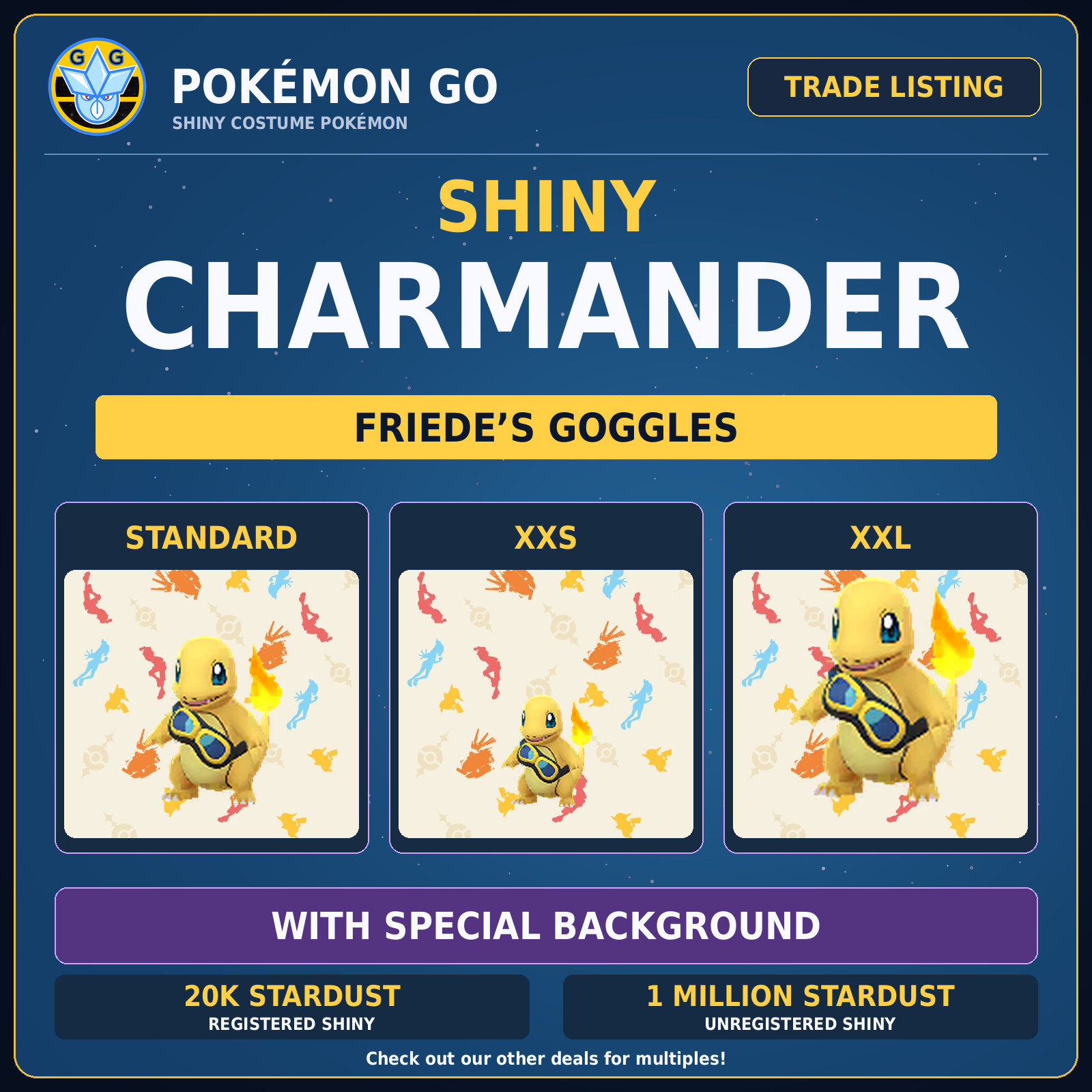 Pokémon GO Shiny Charmander Friede's Goggles Special Background Trade XXS XXL