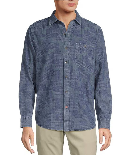 $138 Tommy Men's Patchwork Paradise Long Sleeve Dobby Shirt, Blue Jean, XL