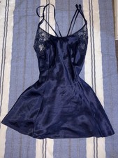Victoria's Secret Women's XS Blue Satin Lace Full Slip, Adjustable Straps