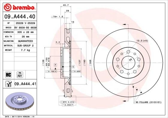 Disque de frein avant BREMBO 09.A444.41 compatible avec Fiat Punto et Opel Corsa
