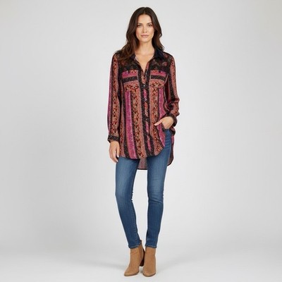Aratta Silent Journey Embroidered Boho Tunic Top Velvet Collar Rayon M